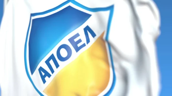 Mengibarkan bendera dengan logo klub sepak bola Apoel FC, close-up. Perenderan 3D Editorial — Stok Foto