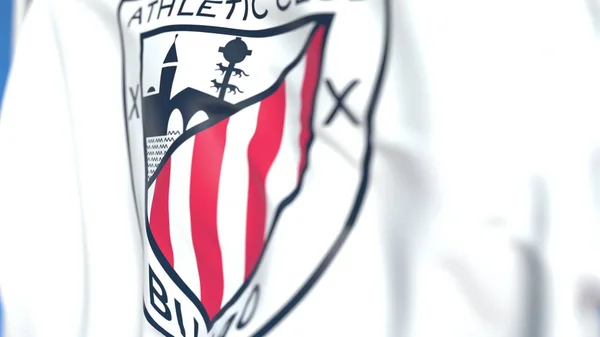 Zwaaiende vlag met atletische Bilbao Football Club logo, close-up. Redactionele 3D-rendering — Stockfoto