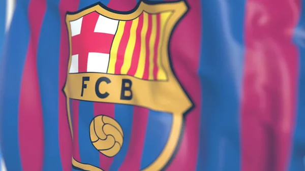 Bandiera sventolante con logo della squadra di calcio di Barcellona, primo piano. Rendering editoriale 3D — Foto Stock