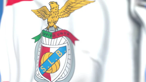 Bandera ondeando con el logotipo del equipo de fútbol Benfica, primer plano. Representación Editorial 3D — Foto de Stock