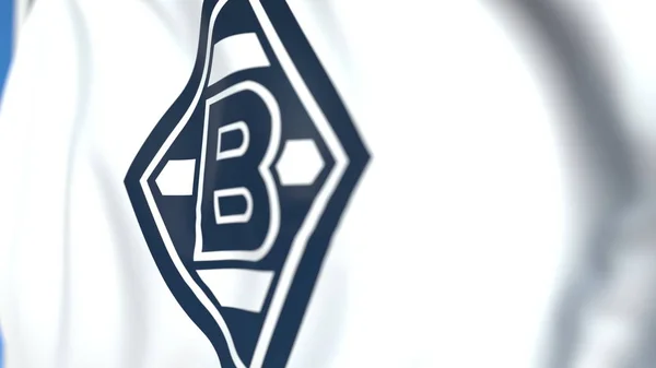 Flagge schwenkend mit dem Vereinslogo von Borussia Mönchengladbach, Großaufnahme. redaktionelles 3D-Rendering — Stockfoto