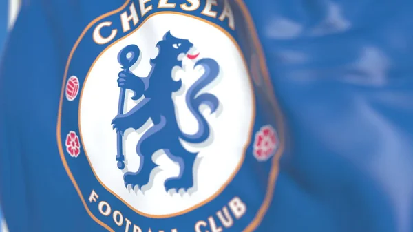 Waving Flag z logo drużyny piłkarskiej Chelsea, zbliżenie. Redakcja renderowania 3D — Zdjęcie stockowe