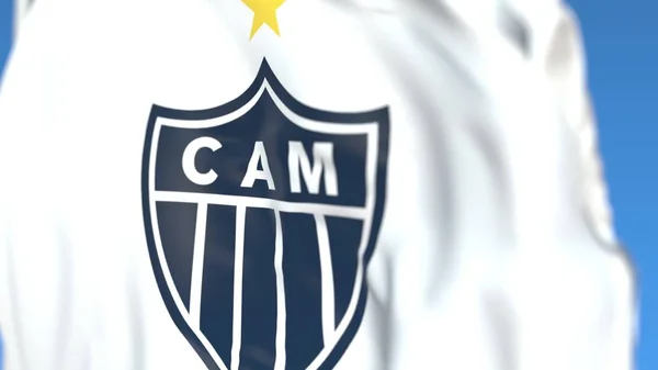 Vliegende vlag met Clube Atletico Mineiro Football Club logo, close-up. Redactionele 3D-rendering — Stockfoto