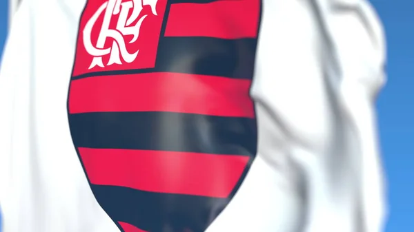 Bandiera sventolante con logo della società calcistica Clube De Regatas Do Flamengo, primo piano. Rendering editoriale 3D — Foto Stock