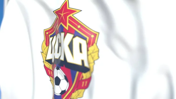 Cska Moskva futbol kulübü logosu ile uçan bayrak, yakın çekim. Editoryal 3d render — Stok fotoğraf