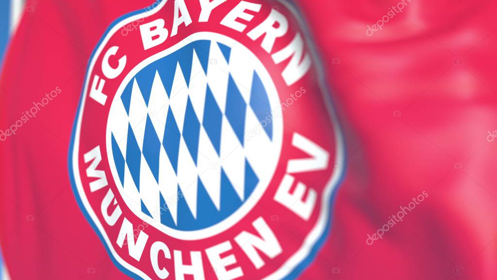 Waving flag with Bayern Munchen football team logo. Editorial 3D