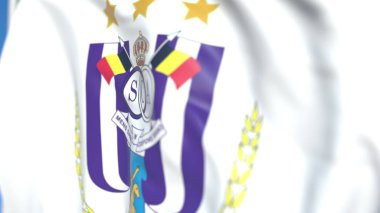 Flying flag with R.S.C. Anderlecht football club logo, close-up. Editorial 3D rendering clipart