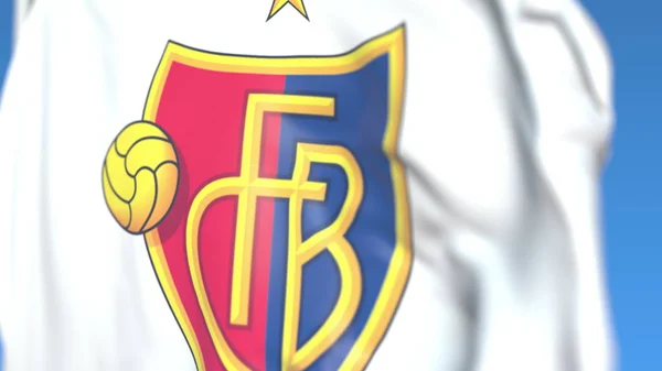 Repülő zászló az FC Basel futballklub logójával, közelről. Szerkesztőségi 3D renderelés — Stock Fotó