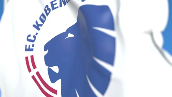 Zwaaiende vlag met FC Copenhagen Football Club logo, close-up. Redactionele 3D-rendering — Stockfoto