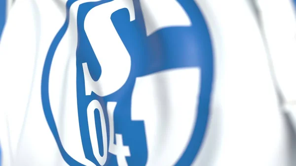 Flying flag with FC Schalke 04 football club logo, close-up. Representación Editorial 3D —  Fotos de Stock