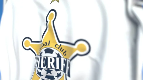 Bandiera sventolante con logo della squadra di calcio dello sceriffo Tiraspol, primo piano. Rendering editoriale 3D — Foto Stock