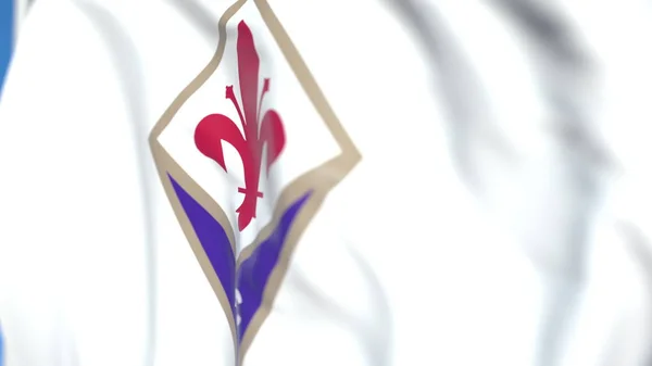 Bandiera volante con logo della società calcistica Fiorentina, primo piano. Rendering editoriale 3D — Foto Stock