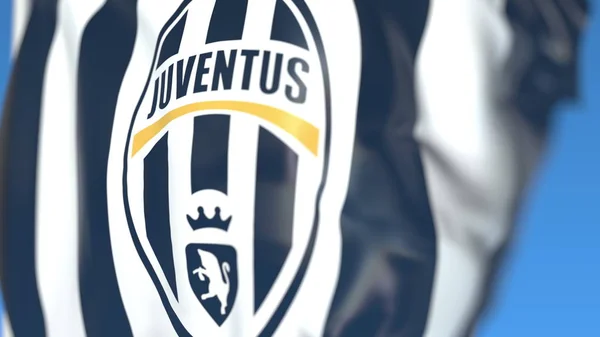 Bandiera sventolante con logo della Juventus, primo piano. Rendering editoriale 3D — Foto Stock