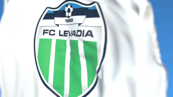 Repülő zászló Levadia Tallinn futballklub logójával, közelről. Szerkesztőségi 3D renderelés — Stock Fotó