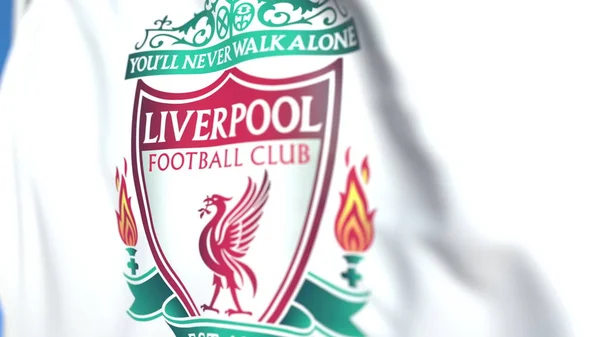 Bandera ondeando con el logotipo del equipo de fútbol Liverpool, primer plano. Representación Editorial 3D —  Fotos de Stock