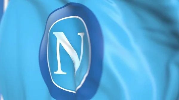 Vliegende vlag met Napoli Football team logo, close-up. Redactionele 3D-rendering — Stockfoto