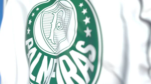 Bandeira ondulada com logotipo do clube de futebol de Palmeiras, close-up. Renderização 3D editorial — Fotografia de Stock