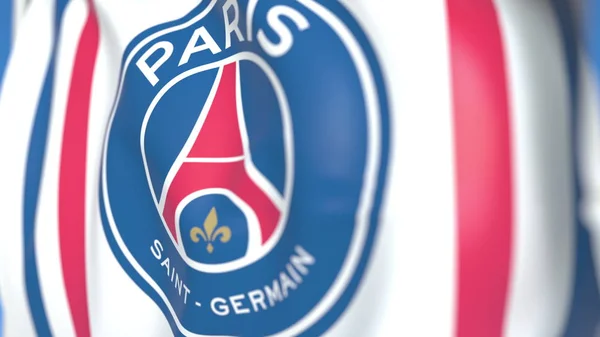 Flying flag with Paris Saint Germain football team logo, close-up. Editorial 3D rendering — Stock Photo, Image