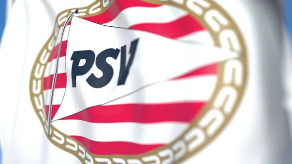 Zwaaiende vlag met PSV Eindhoven Football Club logo, close-up. Redactionele 3D-rendering — Stockfoto