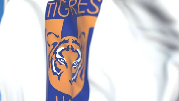 Vliegende vlag met Tigres UANL Football Club logo, close-up. Redactionele 3D-rendering — Stockfoto