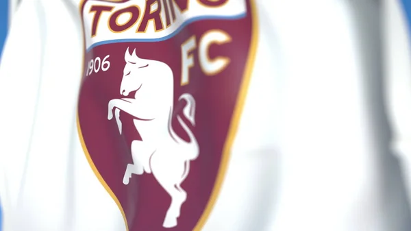 Torino Fc futbol kulübü logosu ile uçan bayrak, yakın çekim. Editoryal 3d render — Stok fotoğraf