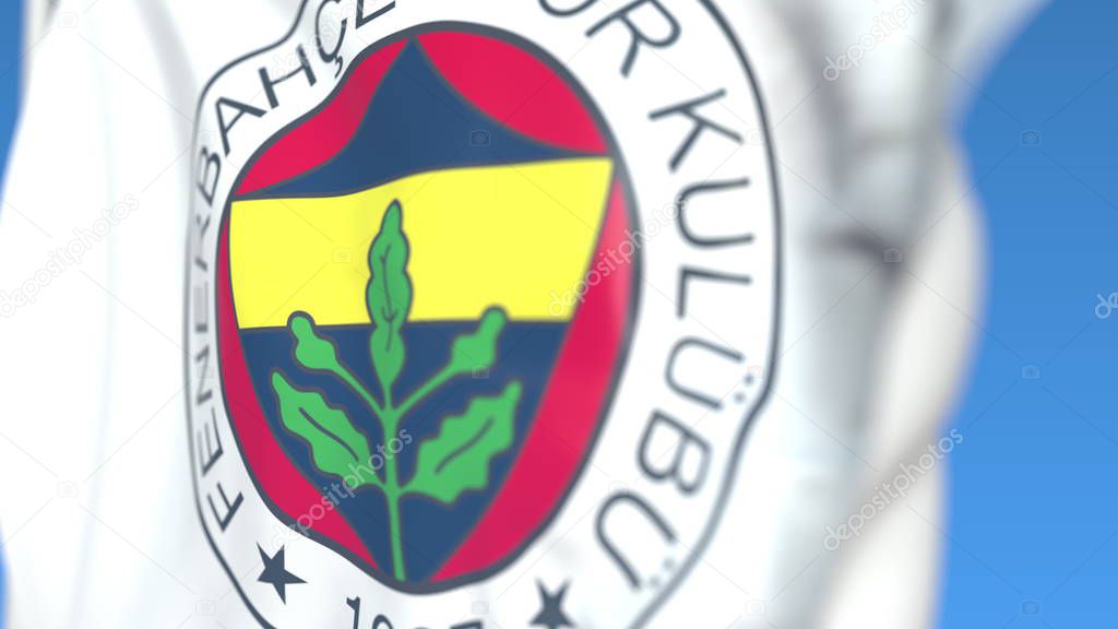 Waving flag with Fenerbahce football club logo. 3D