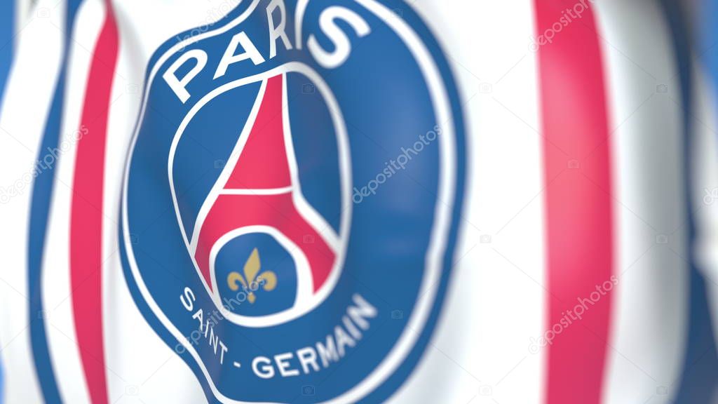 Waving flag with Paris Saint Germain football team logo. Editorial 3D