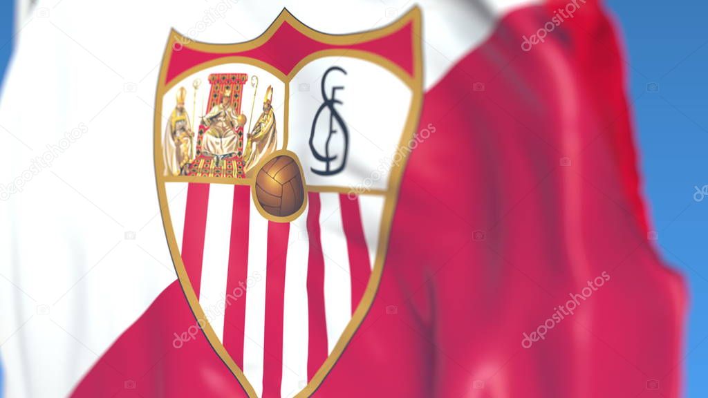 Waving flag with Sevilla football team logo. Editorial 3D