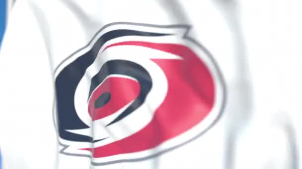 Falowanie flaga z Carolina Hurricanes NHL drużyny hokejowej logo, zbliżenie. Redakcyjnej pętli animacji 3D — Wideo stockowe