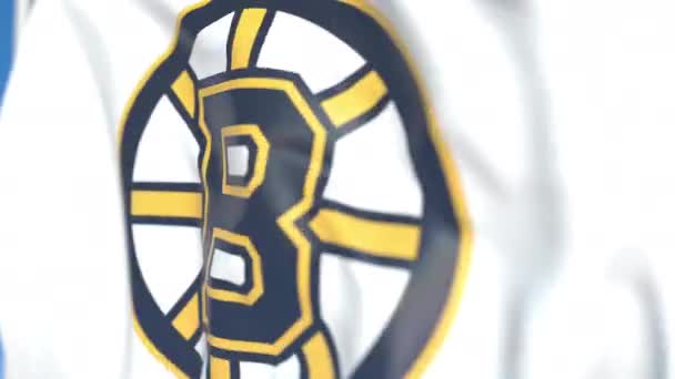 Acenando bandeira com Boston Bruins logotipo da equipe de hóquei da NHL, close-up. Editorial loopable animação 3D — Vídeo de Stock