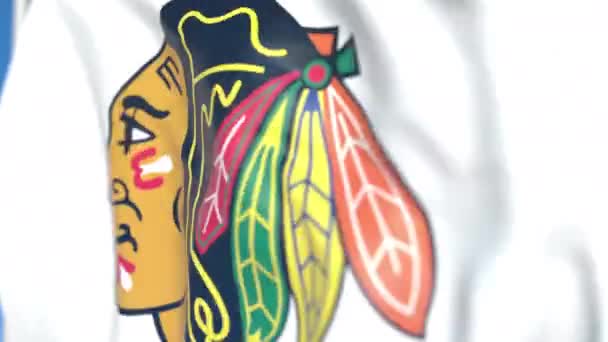 Viftande flagga med Chicago Blackhawks NHL hockey Team Logo, närbild. Redaktionell loopable 3D-animering — Stockvideo