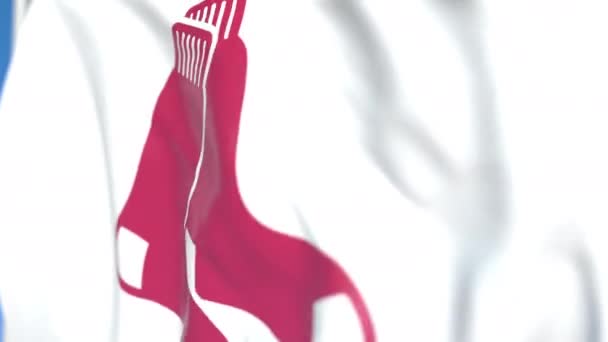 Flying flag with Boston Red Sox team logo, close-up. Editorial loopable 3D animation — Stock Video