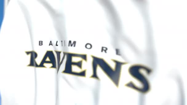 Acenando bandeira com logotipo da equipe Baltimore Ravens, close-up. Editorial loopable animação 3D — Vídeo de Stock