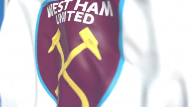 Flying flag with West Ham United FC football club logo, close-up. Editorial loopable 3D animation — Stock Video