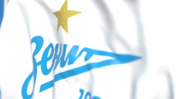 Vliegende vlag met Zenit St. Petersburg Football Club logo, close-up. Redactionele loop bare 3D-animatie — Stockvideo