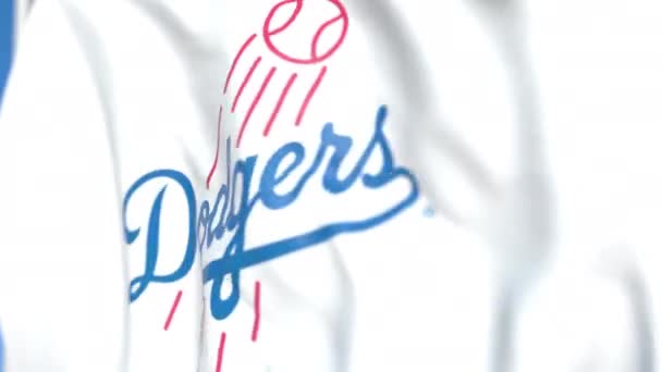 Viftande flagga med Los Angeles Dodgers team logotyp, närbild. Redaktionell loopable 3D-animering — Stockvideo