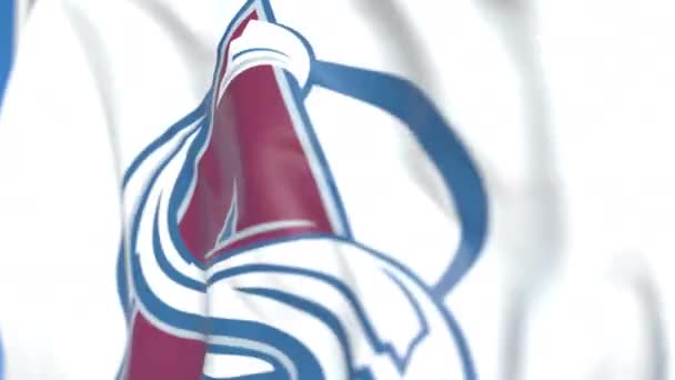 Waving flag with Colorado Avalanche NHL hockey team logo, close-up. Editorial loopable 3D animation — Stock Video