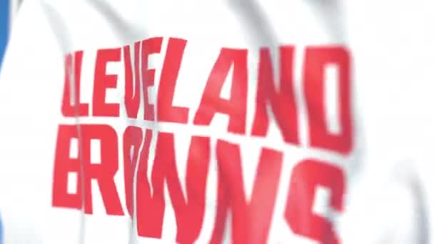 Flying flag with Cleveland Browns team logo, close-up. Editorial loopable 3D animation — Stock Video