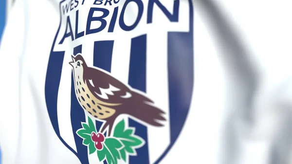 Flying flag with West Bromwich Albion FC football club logo, close-up. Editorial 3D rendering — Stock Photo, Image