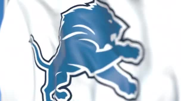 Viftande flagga med Detroit Lions team logotyp, närbild. Redaktionell loopable 3D-animering — Stockvideo