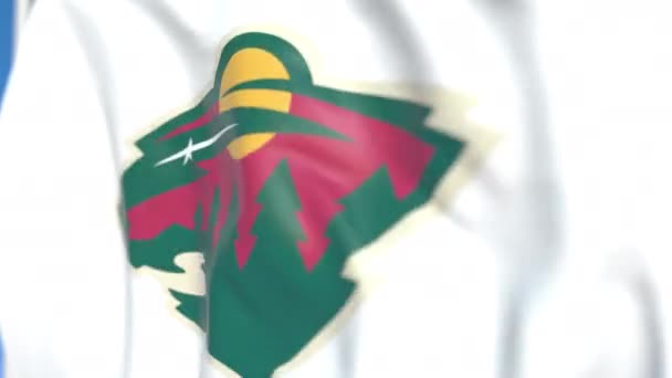 Bandiera sventolante con il logo della squadra di hockey Minnesota Wild NHL, primo piano. Animazione 3D loop editoriale — Video Stock