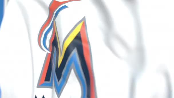 Waving flag with Miami Marlins team logo, close-up. Editorial loopable 3D animation — Stock Video