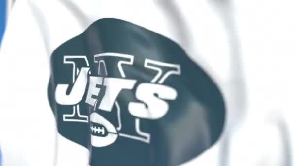 Flying Flag med New York Jets Team Logo, närbild. Redaktionell loopable 3D-animering — Stockvideo