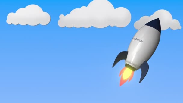 Логотип UNITEDHEALTH GROUP на летающей ракете. Успех редакции связанный с зацикленной 3D анимацией — стоковое видео