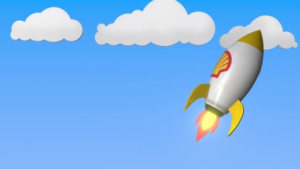 Shell logo op een raket mockup. Redactionele succes gerelateerde loop bare 3D-animatie — Stockvideo