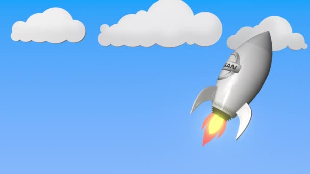 空飛ぶロケットに乗った日産のロゴ。編集の成功関連ループ可能な3Dアニメーション — ストック動画