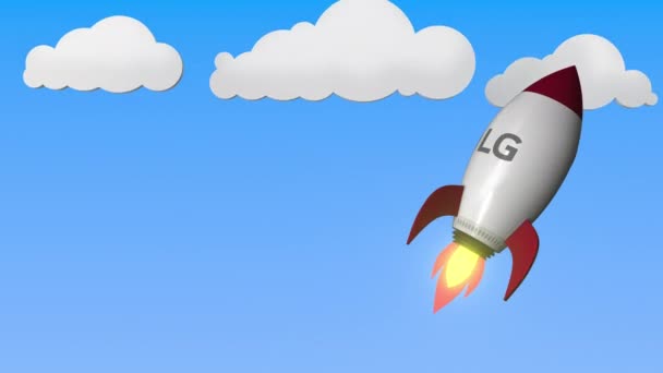Logo von lg auf einer fliegenden Rakete. redaktionelle Erfolg im Zusammenhang mit Schlupflöchern 3D-Animation — Stockvideo