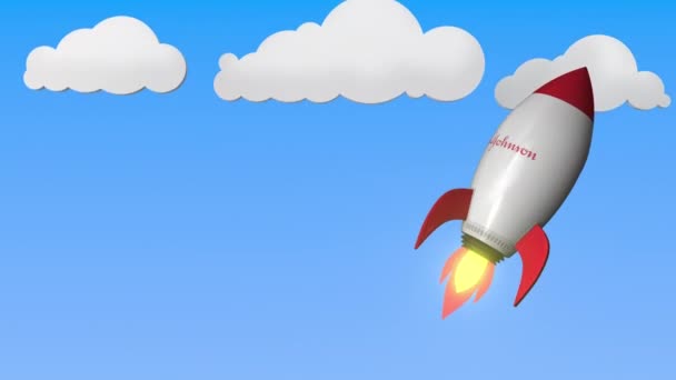 Logo of JOHNSON AND JOHNSON on a flying rocket. Editorial success related loopable 3D animation — Stock Video