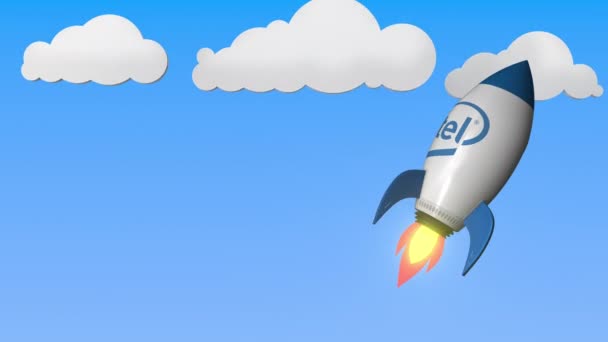 火箭模型上的英特尔徽标。编辑成功相关可循环 3d 动画 — 图库视频影像