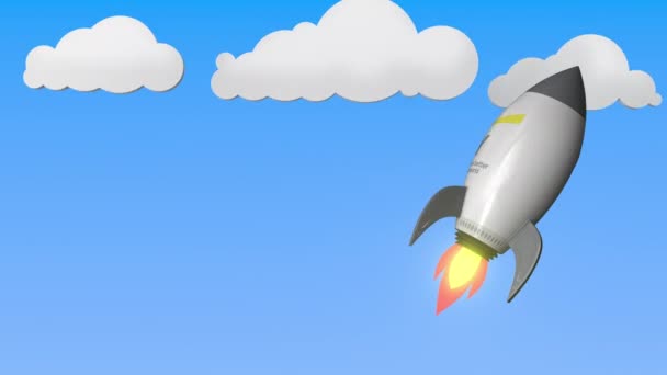 Logo EY na létající raketě. Opakovatelná 3D animace související s úspěchem — Stock video